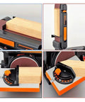 Powerful Brushless Belt Sander For Wood Work, showing wood clamped for precision sanding and adjustable angle features.