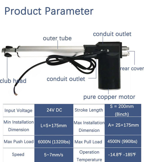 Beefy Heavy Duty 1320 Lbs 6000 N 24 V DC Linear Actuator With 8 Inch Stroke, aluminum body, product parameters diagram.