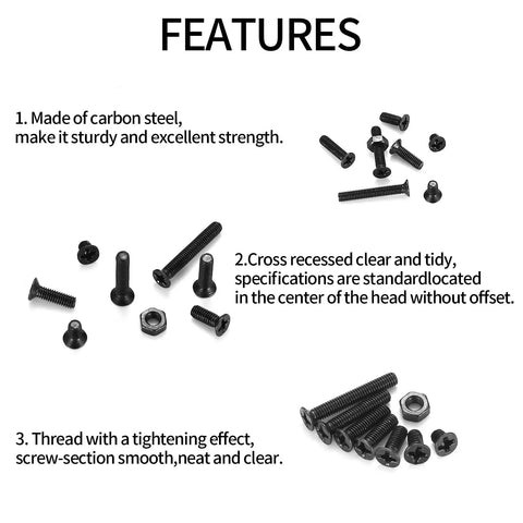 Badass M3 Flat Head Phillips Screws And Hex Nuts Assortment Kit With 380 Pieces Black Carbon Steel screws showing features and details.