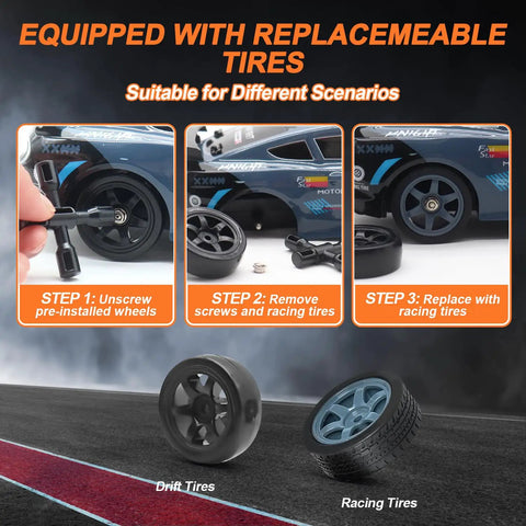 One Sixteenth Scale RC Drift Car With 4WD Power, Beast Speed At 18 Plus KmH, tire change process with drift and racing tire options