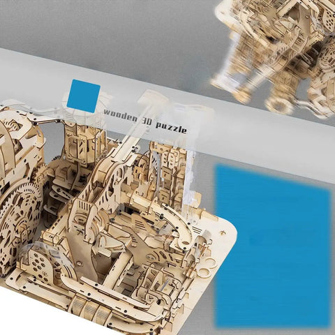 Close-up of 0.55 Inch Mechanical Marble Run Model and 3D Wooden Puzzle with detailed gears and structures for adults