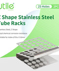 Two Pack 25 Hole Stainless Steel Test Tube Rack Z Shape for Tubes Up To 16mm Diameter, wide base and polished finish, shown at angle