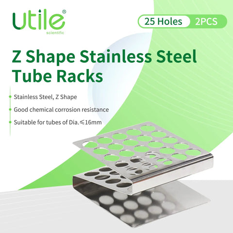 Two Pack 25 Hole Stainless Steel Test Tube Rack Z Shape for Tubes Up To 16mm Diameter, wide base and polished finish, shown at angle