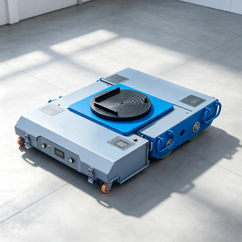 Industrial Grade Heavy Duty 360 Degree Rotating Turntable Electric Transfer Cart With Remote Control For No Sweat Warehouse Haul And Easy Navigation In Tight Spaces on a smooth floor.