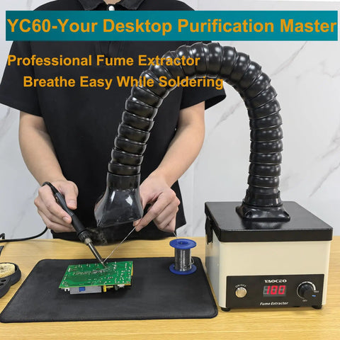 Desktop Solder Fume Extractor With 3 Stage HEPA Carbon Filtration Adjustable Speed Beefy 71 CFM Suction in use for soldering
