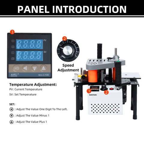 Portable Edge Banding Machine For Straight And Curved Edges With Double Sided Glue Coating Adjustable Speed 110V control panel