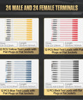 24 male and female terminals including 12 yellow, 12 red, 12 blue, and 12 black test leads, sizes and lengths labeled.
