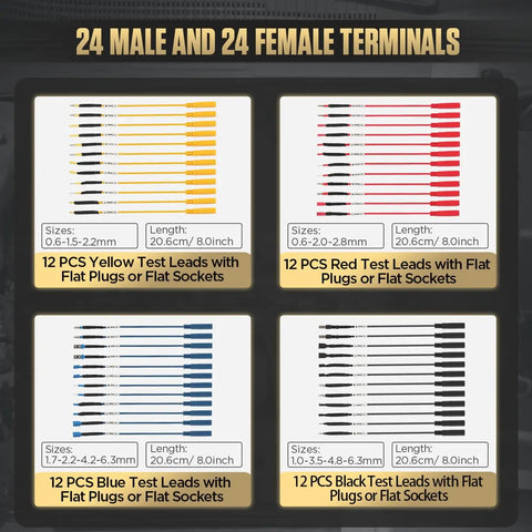 24 male and female terminals including 12 yellow, 12 red, 12 blue, and 12 black test leads, sizes and lengths labeled.