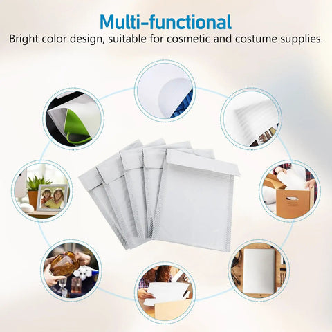100 Pack Bubble Envelope Mailers 15x18 Inches Plus 4cm Self Seal Waterproof Packaging Bags with multi-functional uses shown