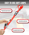 Heavy Duty Ratchet Tie Down Straps Set, 1500 Lb Break Strength, 1 Inch By 15 Foot Cargo Straps shown with soft loops and hooks.