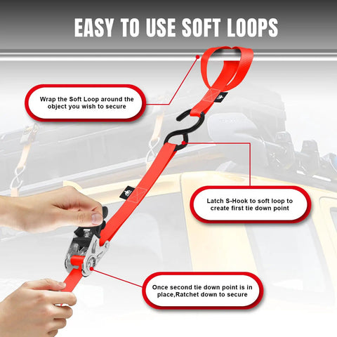Heavy Duty Ratchet Tie Down Straps Set, 1500 Lb Break Strength, 1 Inch By 15 Foot Cargo Straps shown with soft loops and hooks.