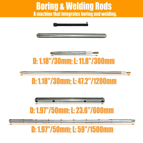 TECHTONGDA bore-welding rod kit; chrome metal rods in varying lengths with orange measurement labels (front view).