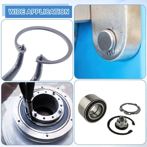 Ten Pack Internal Retaining Ring Circlips 50mm Inner Diameter 65Mn Spring Steel Black C Clips For Grooved Shafts And Studs Pro Grade Durable DIY Friendly Industrial Use Easy Install And Replacement shown in various applications including installation and use with bearings and shafts.