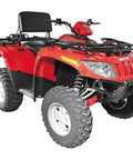 Ride-N-Rest ATV Backrest With Aluminum Frame, 2 Inch Cushioned Back attached to red ATV, featuring waterproof 400 Denier Nylon