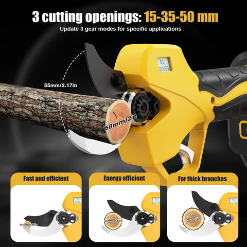 Cordless Electric Pruning Shears With Eight Foot Telescopic Pole Pro Grade Build Two Inch Cutting Capacity showing 3 cutting modes