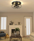 Farmhouse Flush Mount Ceiling Light Fixture With 3 Black Industrial Cage Lamps in living room, close-to-ceiling design UL listed