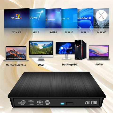 External CD DVD Drive Portable USB 3.0 And USB-C CD RW Drive For Laptop And Desktop, DVD Player And Burner, Plug And Play, No Fuss Power, Works With Windows 7 8 10 11, Mac MacBook Pro Air Linux black slim drive