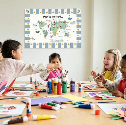 World Map Classroom Banner For Geography Learning 20x30 Inch Wall Hanging Sign above kids painting in classroom