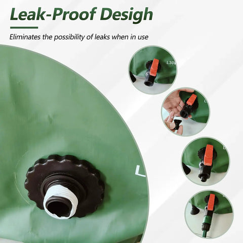 Close-up of 100 Gallon Collapsible Rain Barrel With Water Level Indicator For Easy Garden Watering And Farm Irrigation, spigot details shown.