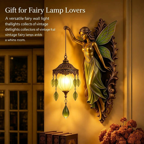 Fairy Lamp Vintage Wall Sconce, Hand-Painted Wing Design Dimmable，green with glowing globe and leaf accents on wall.