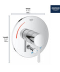 Concetto 1-Handle Pressure Balance Valve Trim With Built-In Diverter In Starlight Chrome Finish For Shower Systems, Upgrade Your Shower With Rough-In Valve 35 016 Or 35 033, Scratch-Resistant, Easy-Adjust Temperature Control, Modern Look, showing dimensions and logo