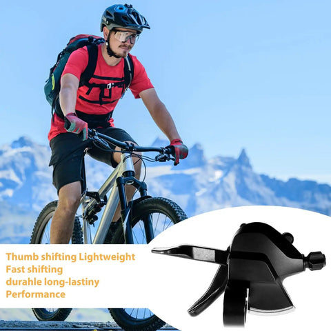 Cyclist with Left Hand 3 Speed Bike Shifter SL-M315, lightweight aluminum build, thumb gear shifter for mountain bikes shown.