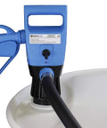 Heavy Duty Electric Drum Transfer Pump For Diesel Exhaust Fluid And Water 115V And 12V Dual Power showing nozzle and motor attachment.