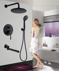 UMJIGF Shower System with Tub Spout, Black Shower Faucet Set 8 Inch Brass Shower Combo Set with woman using handheld shower.