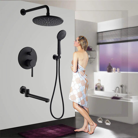 UMJIGF Shower System with Tub Spout, Black Shower Faucet Set 8 Inch Brass Shower Combo Set with woman using handheld shower.
