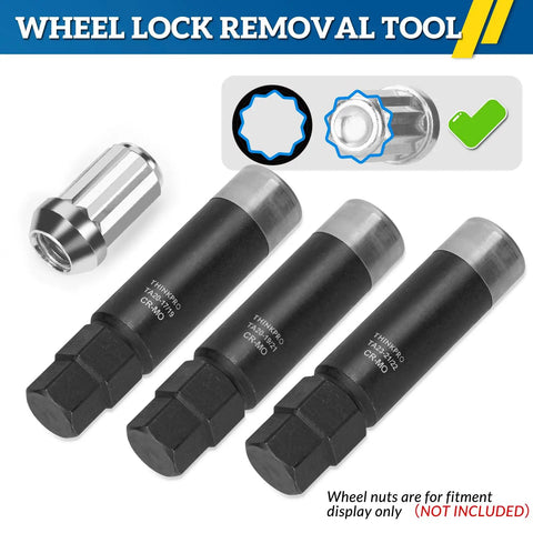 10 Spline Lug Nut Socket Kit For Bimecc 10 Spline Lug Nuts And Bolts Replacement Key, three black sockets and silver nut