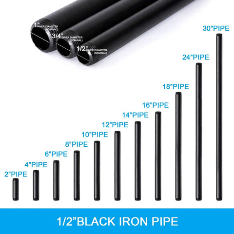 Half Inch By Eighteen Inch Black Painted Industrial Pipe Four Pack Threaded Metal Pipe Fittings For DIY Furniture Shelving