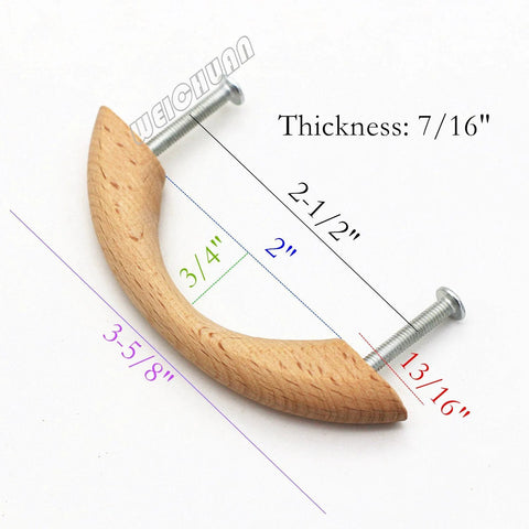 Unfinished Beech Wood Drawer Pull with dimensions and screws, perfect for staining or coloring, 2.5-inch center to center.