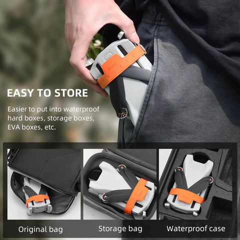 Propeller Holder And Strap Guard Stabilizer for Mini 3 and Mini 3 Pro Drones in orange, shown in various storage bags.
