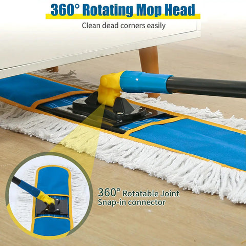 Heavy Duty Industrial 39 Inch Dust Mop For Wet Dry Floor Cleaning With 2 Cotton Mop Pads, 360-degree rotating head shown on wooden floor