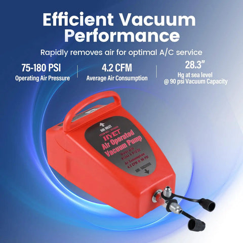 4.2 Cfm Pneumatic Vacuum Pump Air Operated Evacuation Tool For Automotive Air Conditioner Systems lightweight red tool with hose connections.