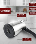 Your Go To Turkish Coffee Pot Stainless Steel 120V 1 To 4 Cup Electric Cezve with foldable handle and on/off button on a countertop.