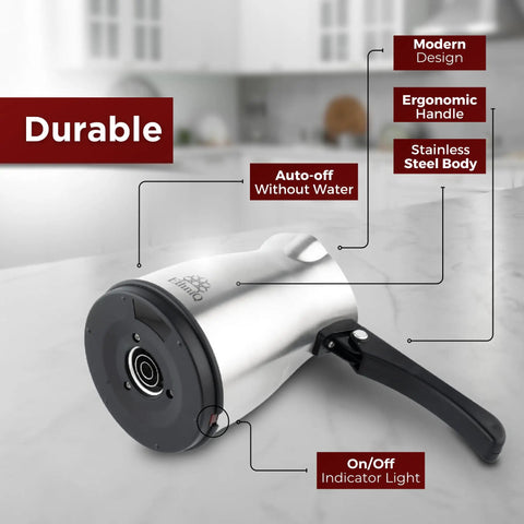 Your Go To Turkish Coffee Pot Stainless Steel 120V 1 To 4 Cup Electric Cezve with foldable handle and on/off button on a countertop.