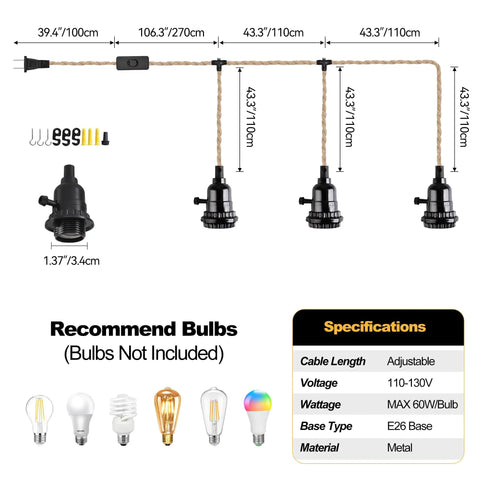 Three Light Hemp Rope Plug In Pendant Light With Woven Rattan Shade And Adjustable Cord Switch For Rustic Farmhouse Decor with specs.