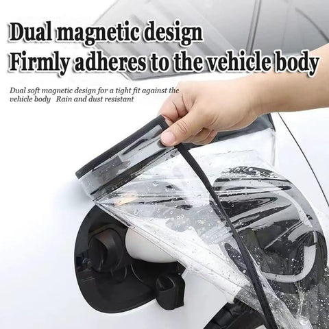Keep Your Juice Box Totally Dry With This Hella Weatherproof Magnetic EV Charging Plug Port Cover tailored for Tesla Model 3, showing dual magnetic design.