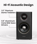 Close-up of Dope 2.1 Bluetooth Speaker System with 1.5-inch titanium tweeters and 3.5-inch aluminum mid-bass drivers.