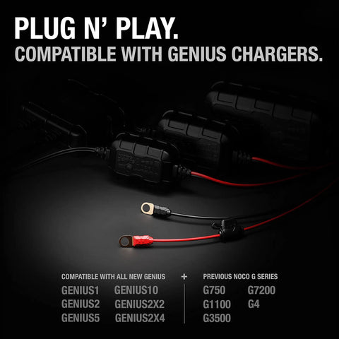 X Connect M10 XL Eyelet Terminal Accessory for Genius Smart Battery Chargers shown with watertight connector and fuse.