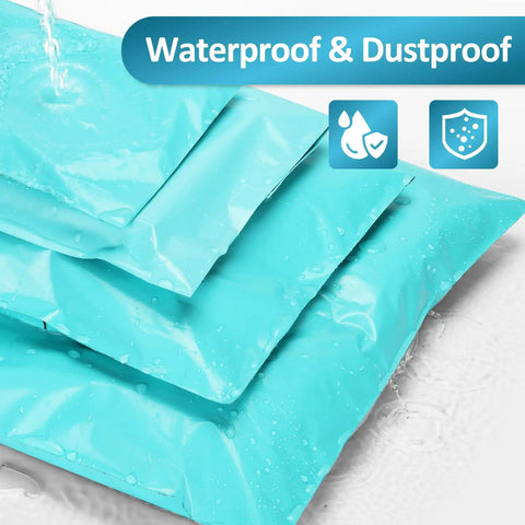 Teal non-padded poly mailers in waterproof test; 60-pack self-sealing variety pack for small business ecommerce shipments