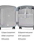Open interior view of gray underseat 16 inch carry on luggage with labeled compartments for organization, spinner wheels visible