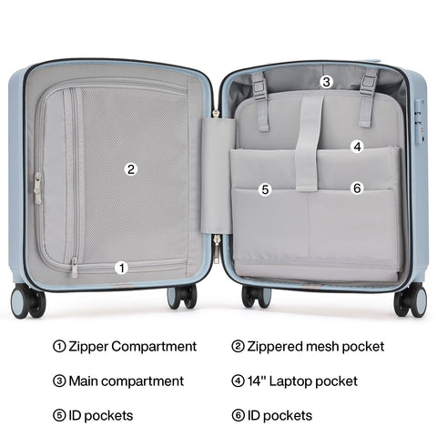 Open interior view of gray underseat 16 inch carry on luggage with labeled compartments for organization, spinner wheels visible
