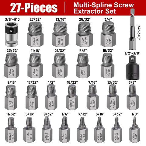 Premium 27 Piece Screw And Bolt Extractor Kit Delivers Dead Simple Grip On Stripped Or Rusty Hardware With Hex Head Multi Spline Build and 27 extractor pieces