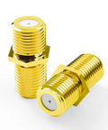 Gold Plated F Type Coax Connector Female To Female For RG6 Cables Two Pack Pro Grade Ultra Compact Flush Mount Adapter Extend And Convert TV Satellite Lines High Quality Signal Pass Through Easy Install Built Tough And Reliable. Gold-plated female-to-female coax adapter pair, side view