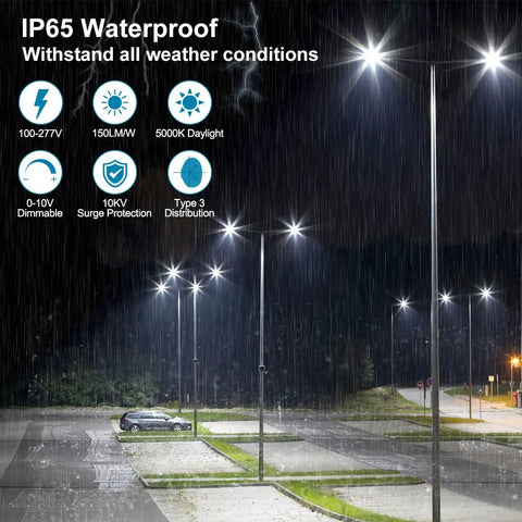 Beefy 300W LED Parking Lot Light With Photocell Outdoor Dimmable Pole Light illuminating a wet parking lot at night