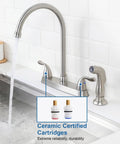 High Arc Kitchen Faucet With Side Sprayer 13 Inch Tall Spout 360 Degree Rotating Two Handle 8 Inch Centerset Brushed Nickel Finish