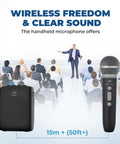 Wireless Voice Amp With Bluetooth Handheld Microphone For Teachers And Public Speaking, Portable PA System For Classrooms And Outdoor Events, 50ft Range With Cardioid Pickup, Compact Speaker Mic Set shown with speaker and mic during a presentation.