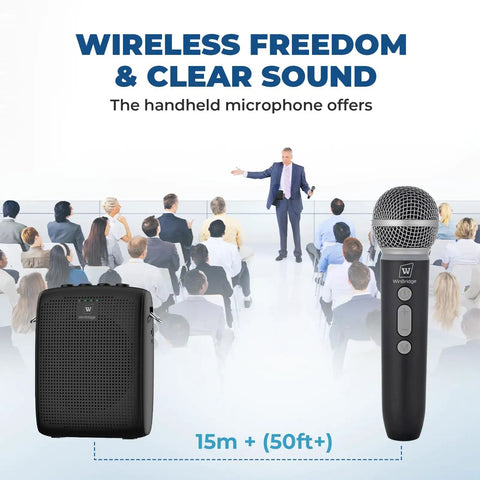 Wireless Voice Amp With Bluetooth Handheld Microphone For Teachers And Public Speaking, Portable PA System For Classrooms And Outdoor Events, 50ft Range With Cardioid Pickup, Compact Speaker Mic Set shown with speaker and mic during a presentation.